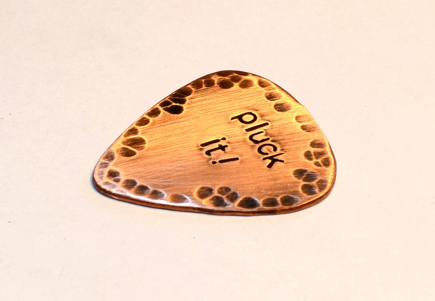 Rustic Pluck It Copper Guitar Pick with Patina and Hammered Finish