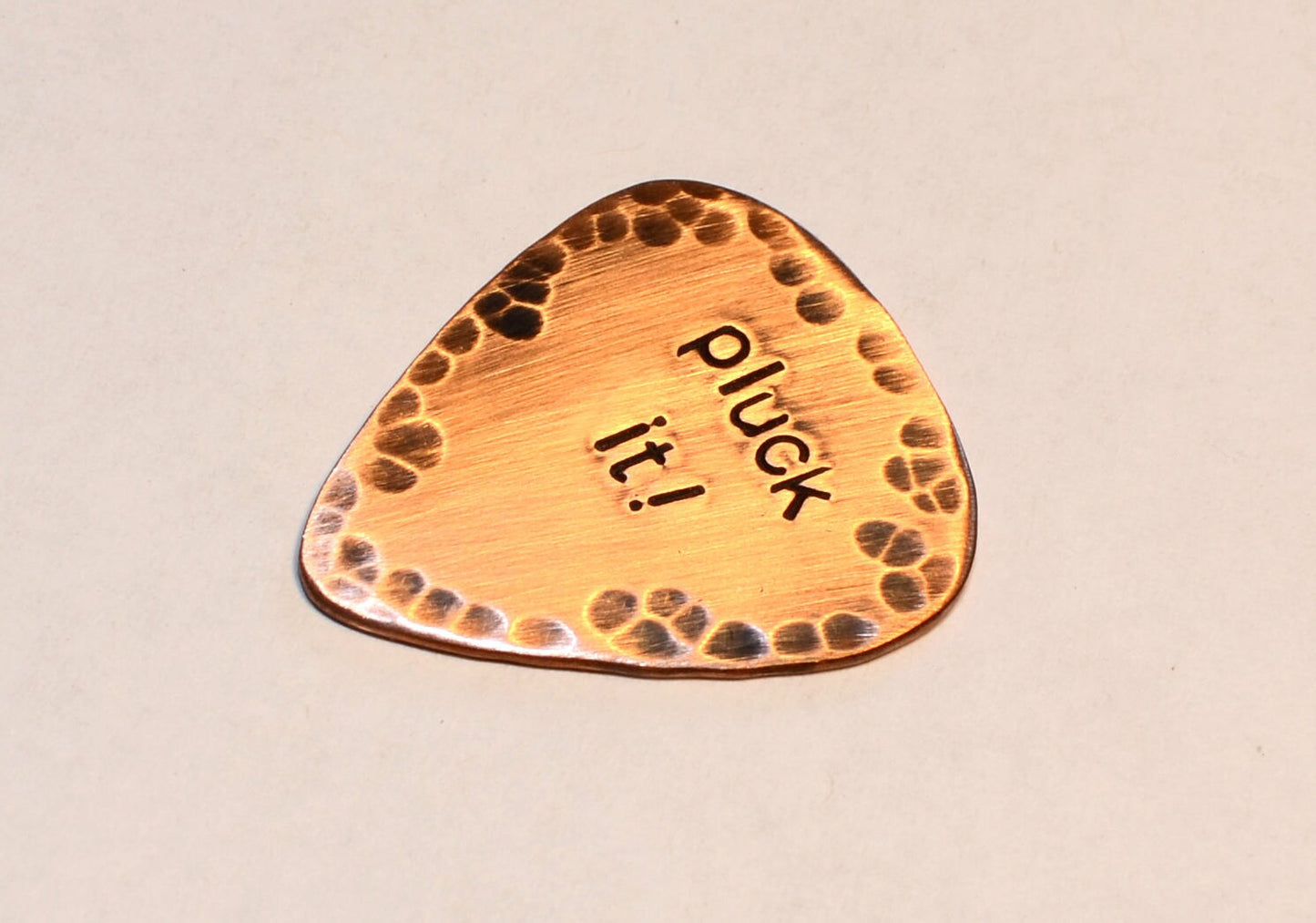 Rustic Pluck It Copper Guitar Pick with Patina and Hammered Finish