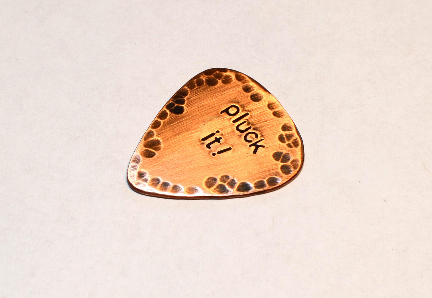 Rustic Pluck It Copper Guitar Pick with Patina and Hammered Finish