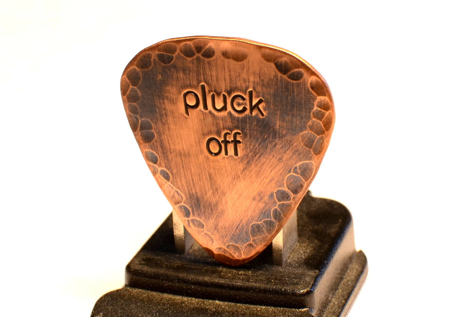 Copper Guitar Pick with Pluck Off in a Rustic Patina and Hammered Finish