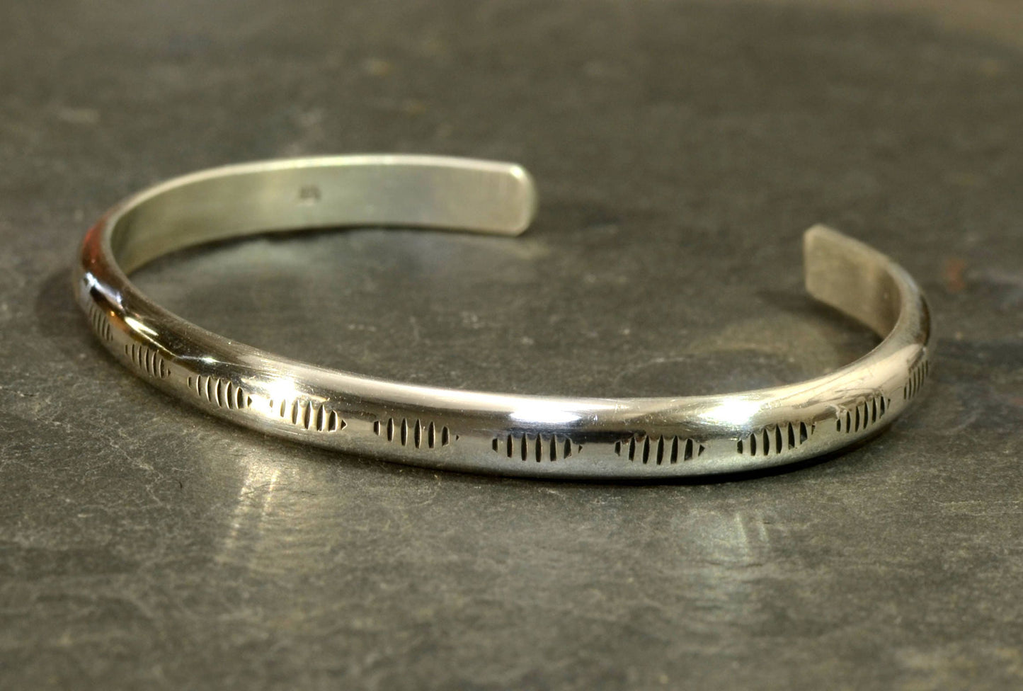 Sterling Silver Dainty Half Round Bracelet with Handmade Native American Metal Stamps