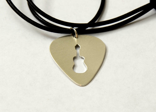 Guitar Pick Bronze Necklace with Handsawed Guitar Cut Out and Space to Personalize - GP844