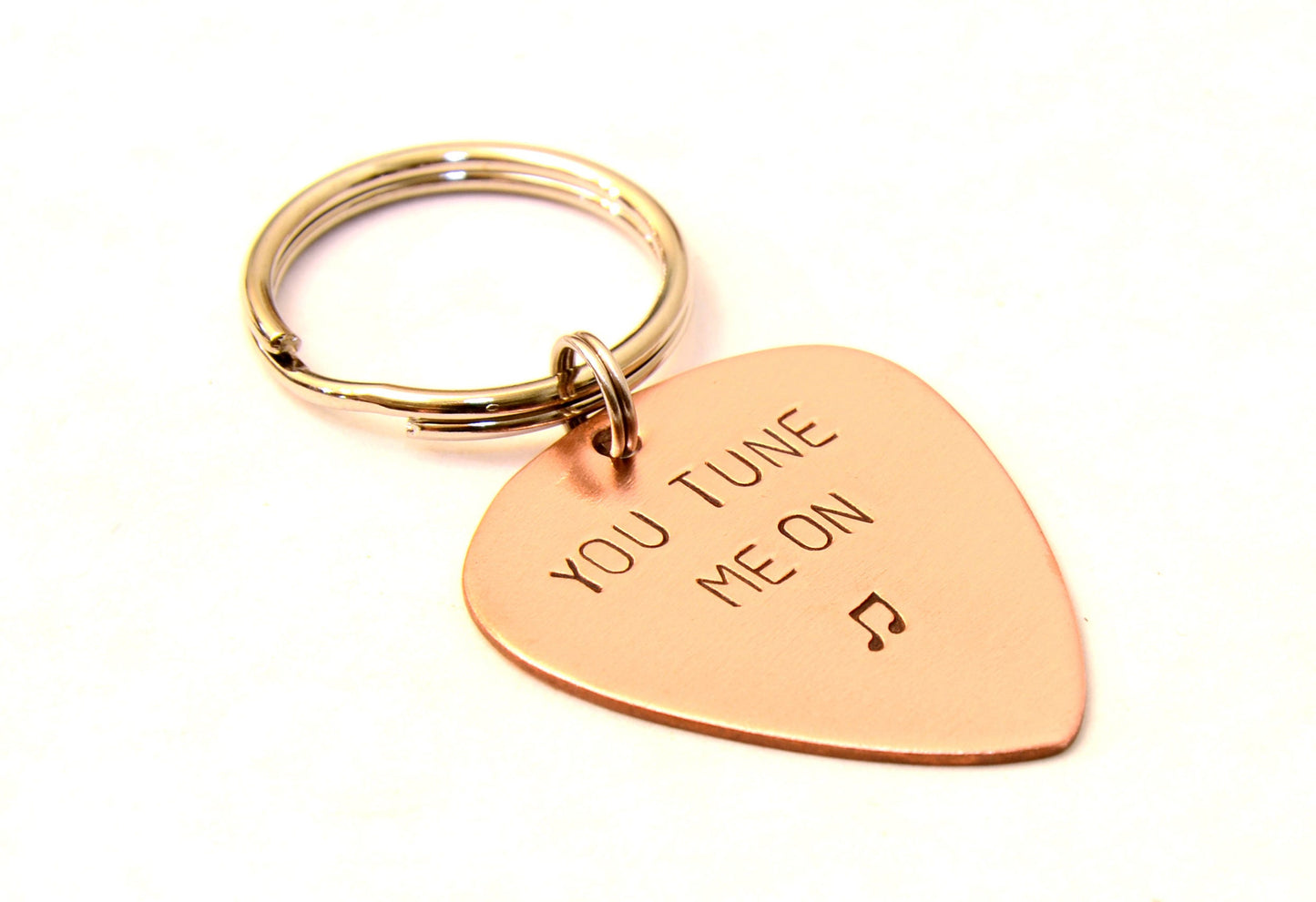 Playable guitar pick key chain you tune me on in copper