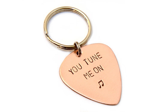 copper guitar pick keyring - playable - you tune me on - great stocking stuffer