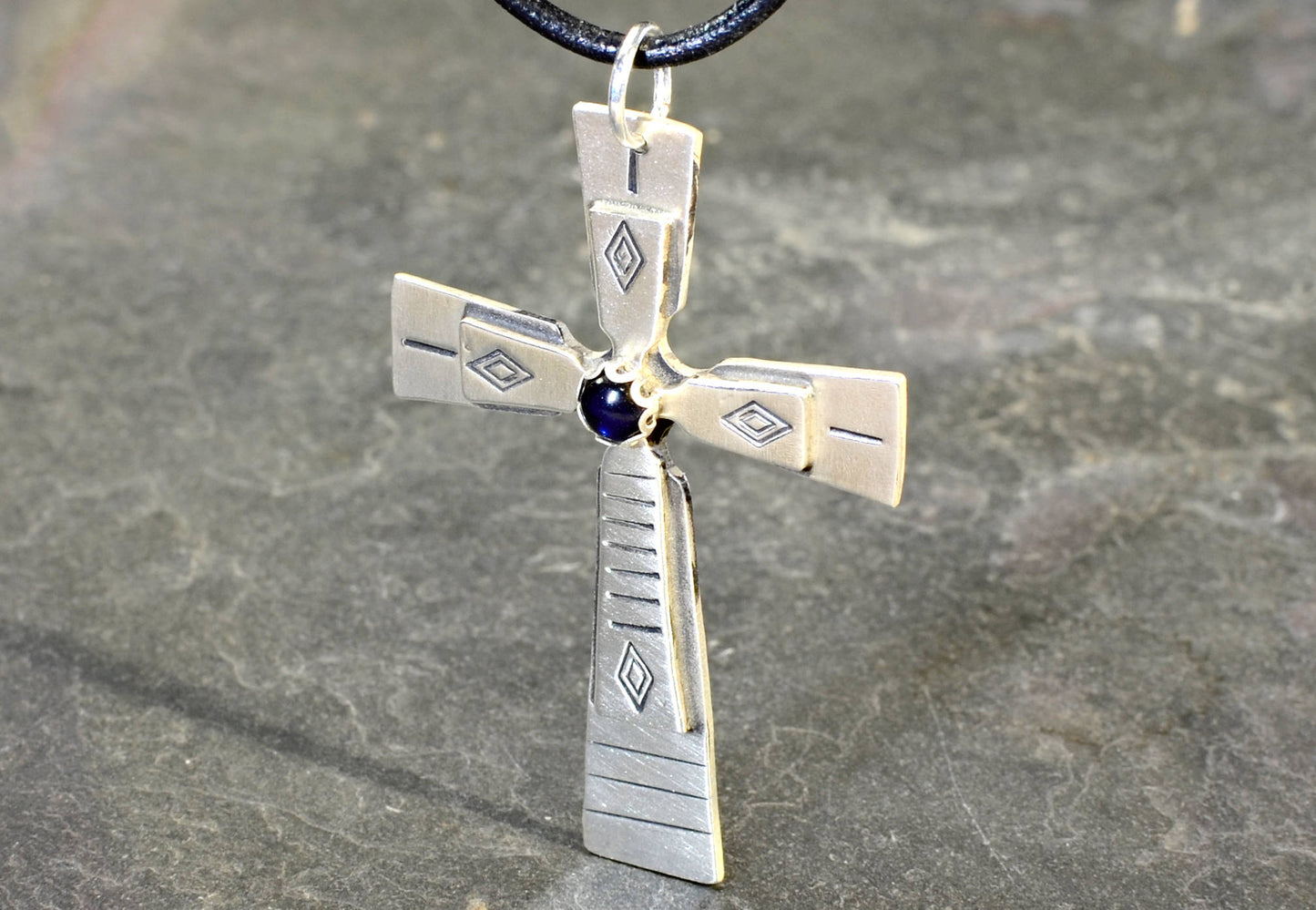 Sterling Silver Cross with Sapphire Gemstone