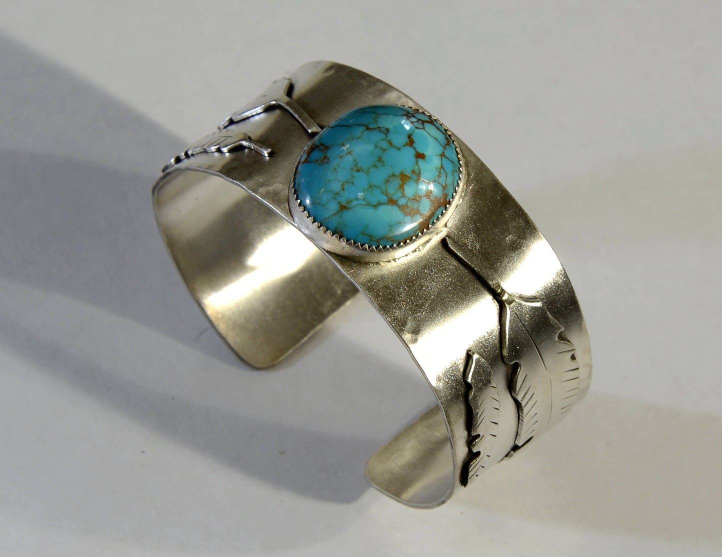 Giant Turquoise Stone with Leaf Motif Design on Sterling Silver Cuff Bracelet