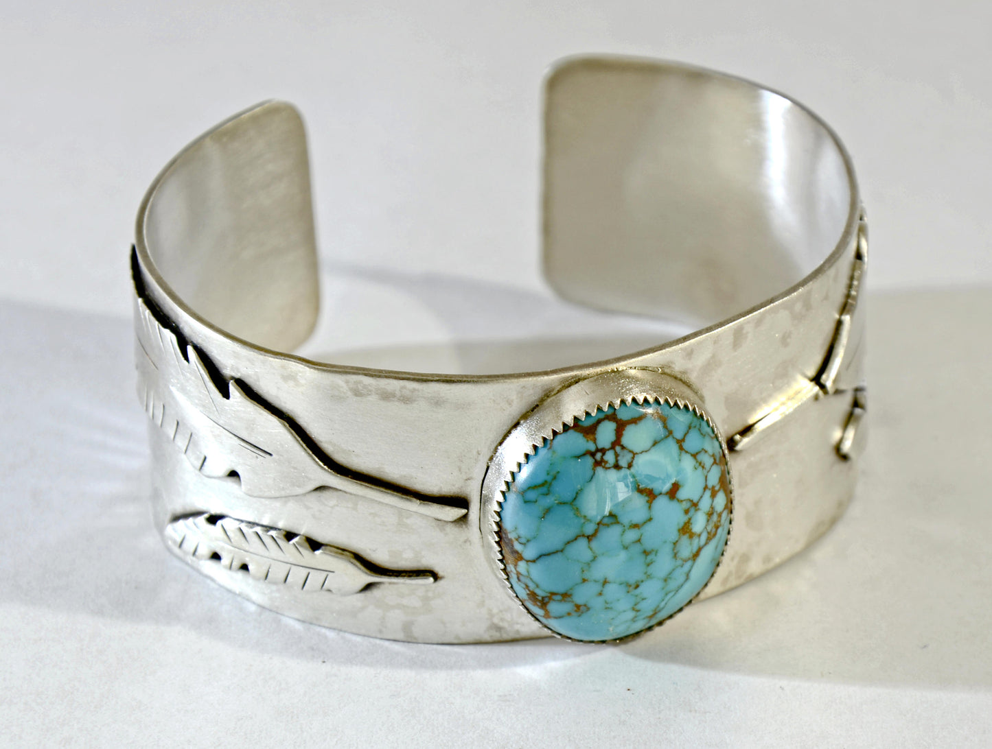 Giant Turquoise Stone with Leaf Motif Design on Sterling Silver Cuff Bracelet
