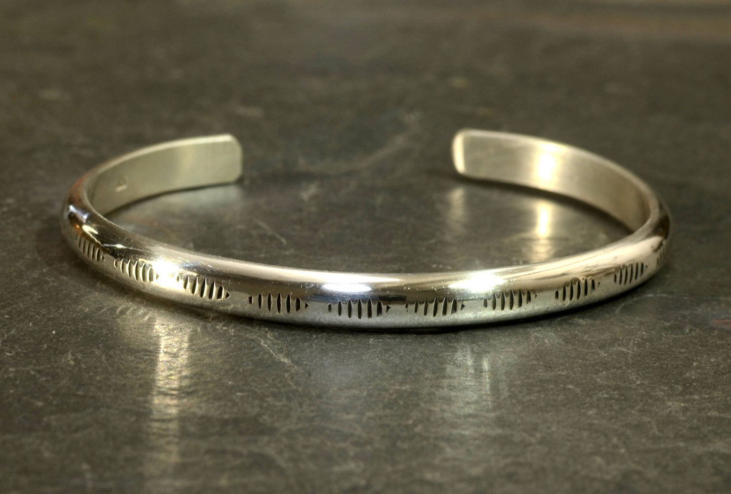 Sterling Silver Dainty Half Round Bracelet with Handmade Native American Metal Stamps