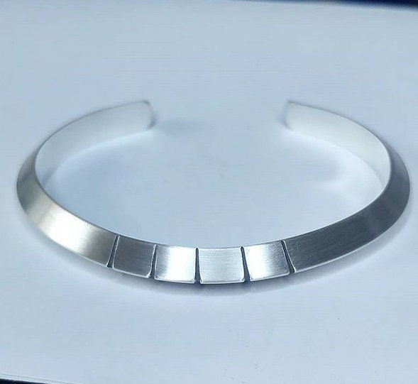 Mens sterling silver triangular cuff bracelet hand cut grooves