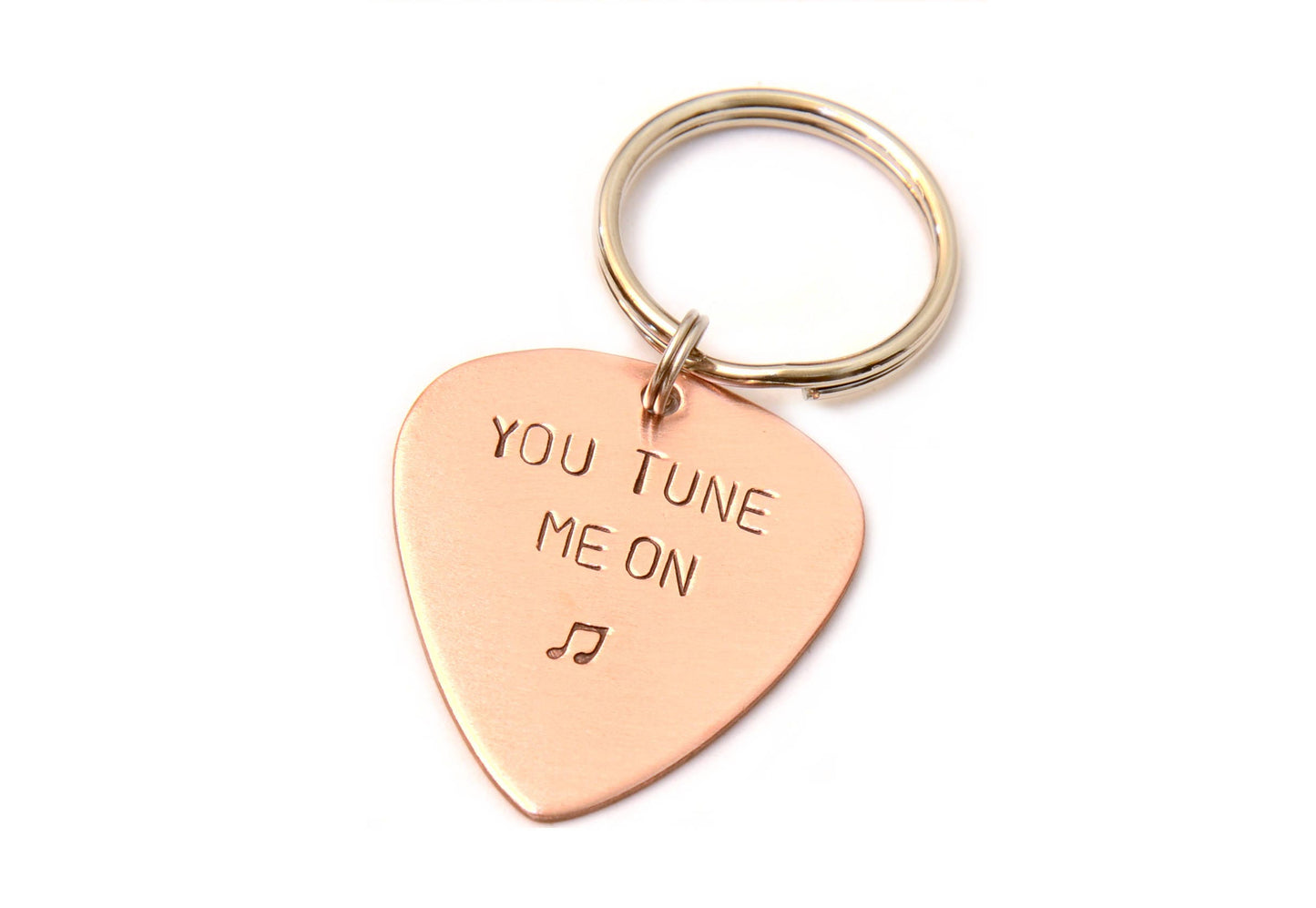 Playable guitar pick key chain you tune me on in copper