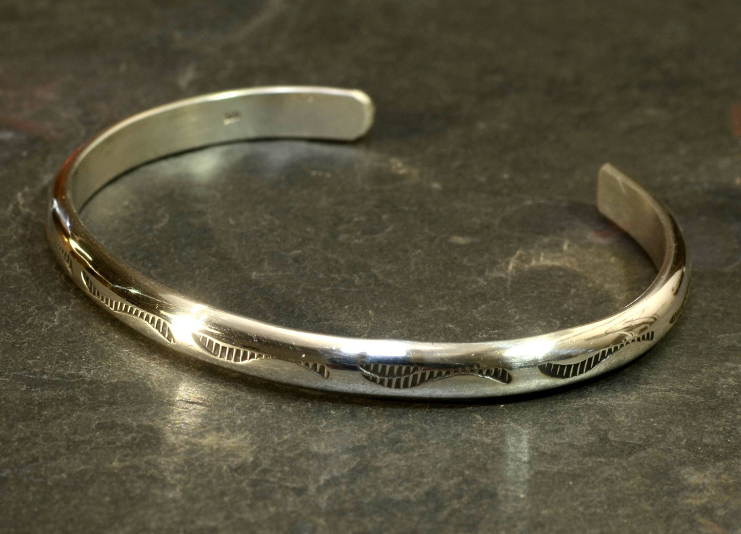 Sterling Silver Half Round Bracelet Imprinted with Native American Metal Stamps
