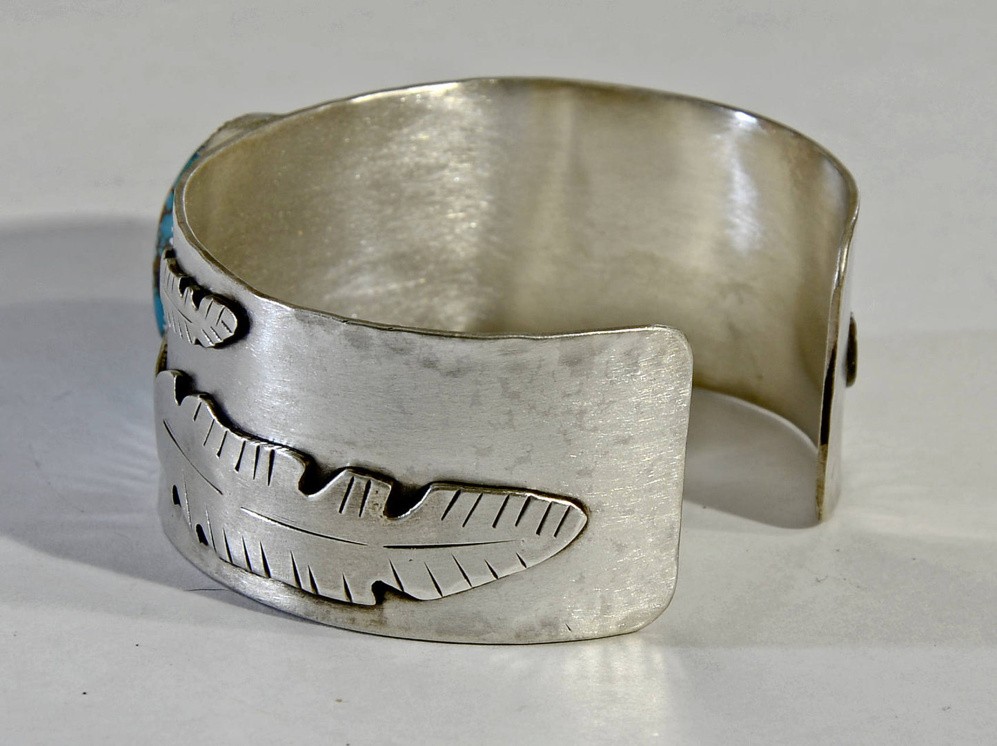 Giant Turquoise Stone with Leaf Motif Design on Sterling Silver Cuff Bracelet