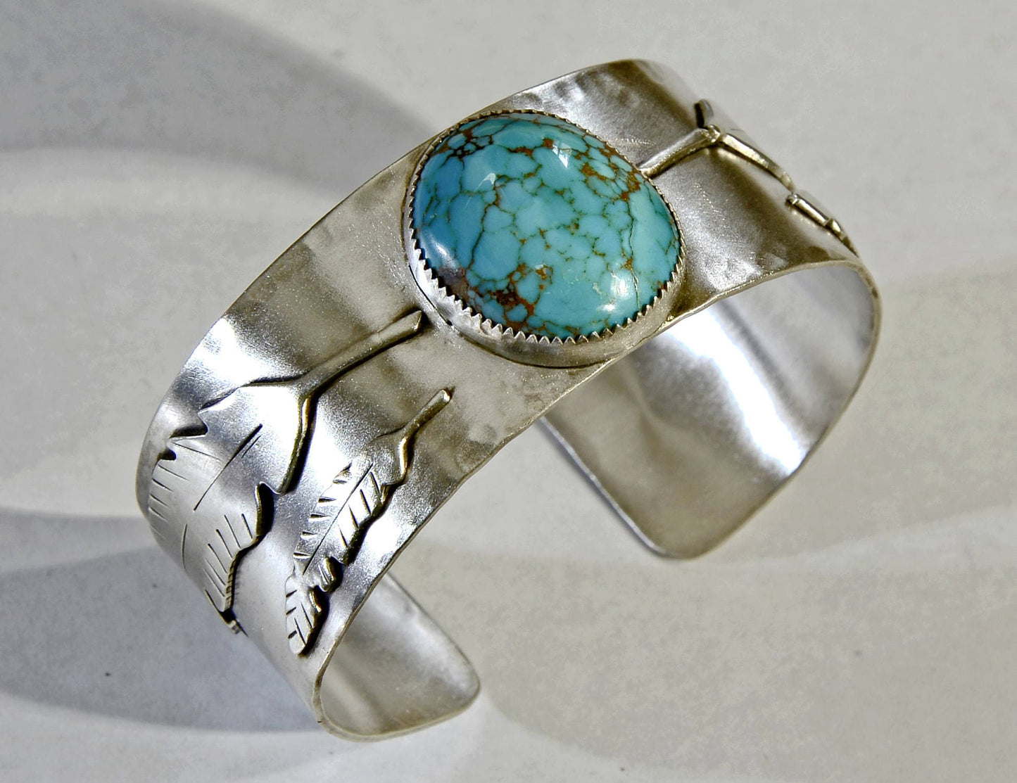 Giant Turquoise Stone with Leaf Motif Design on Sterling Silver Cuff Bracelet