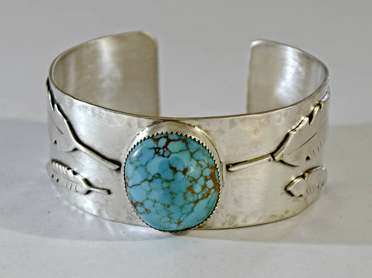 Giant Turquoise Stone with Leaf Motif Design on Sterling Silver Cuff Bracelet