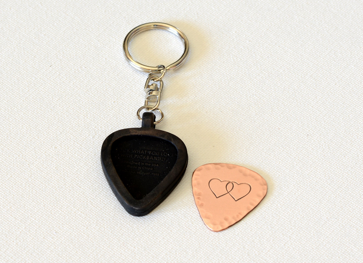 Copper guitar pick keychain with pick holder