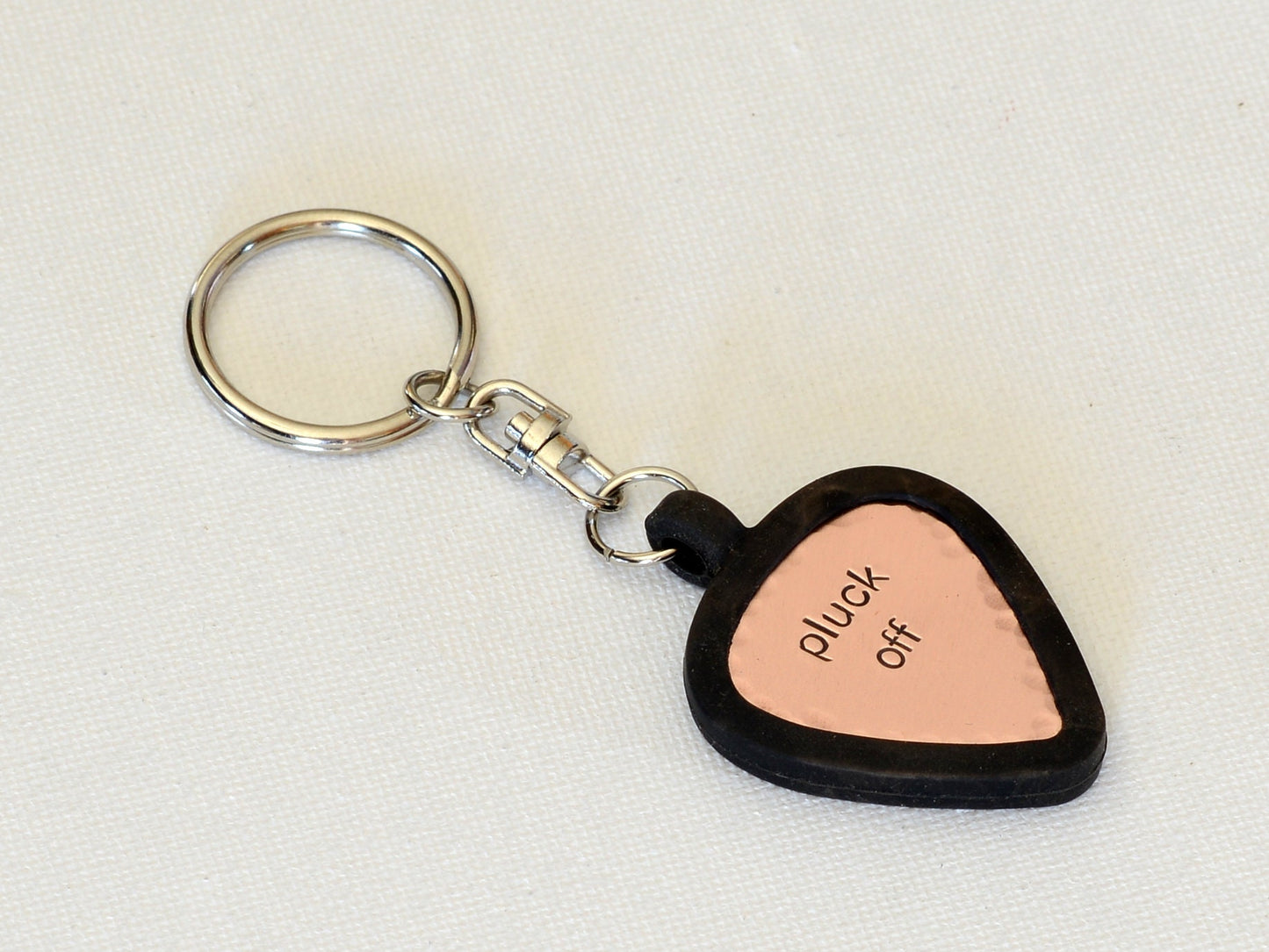 Pluck off copper guitar pick keychain with holder