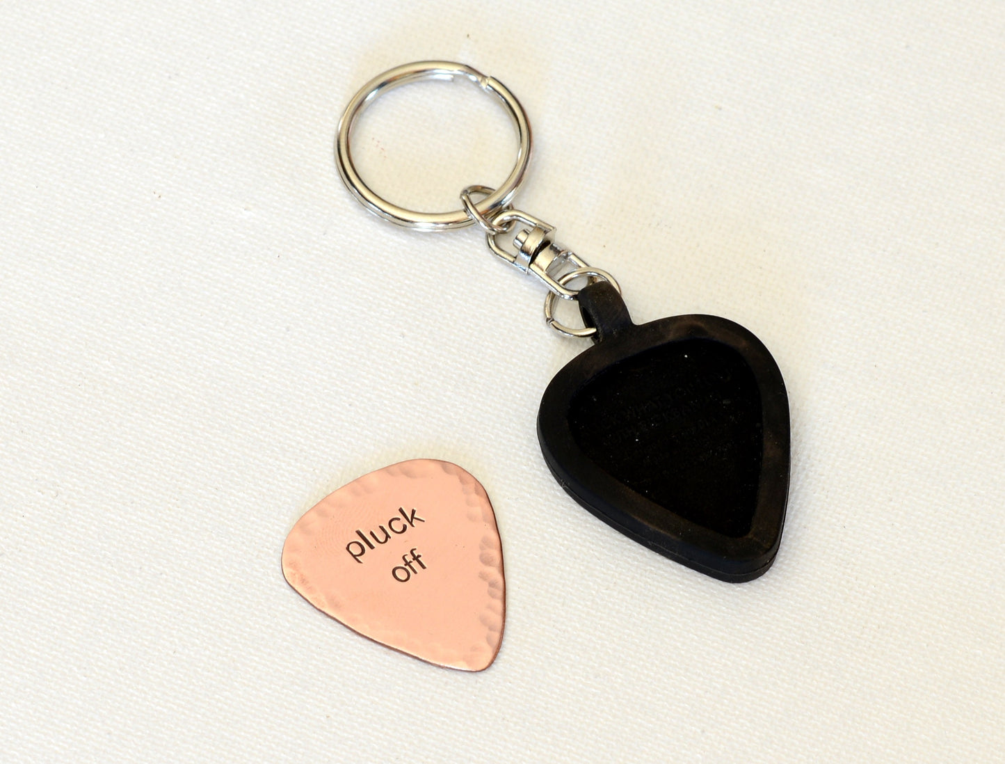 Pluck off copper guitar pick keychain with holder