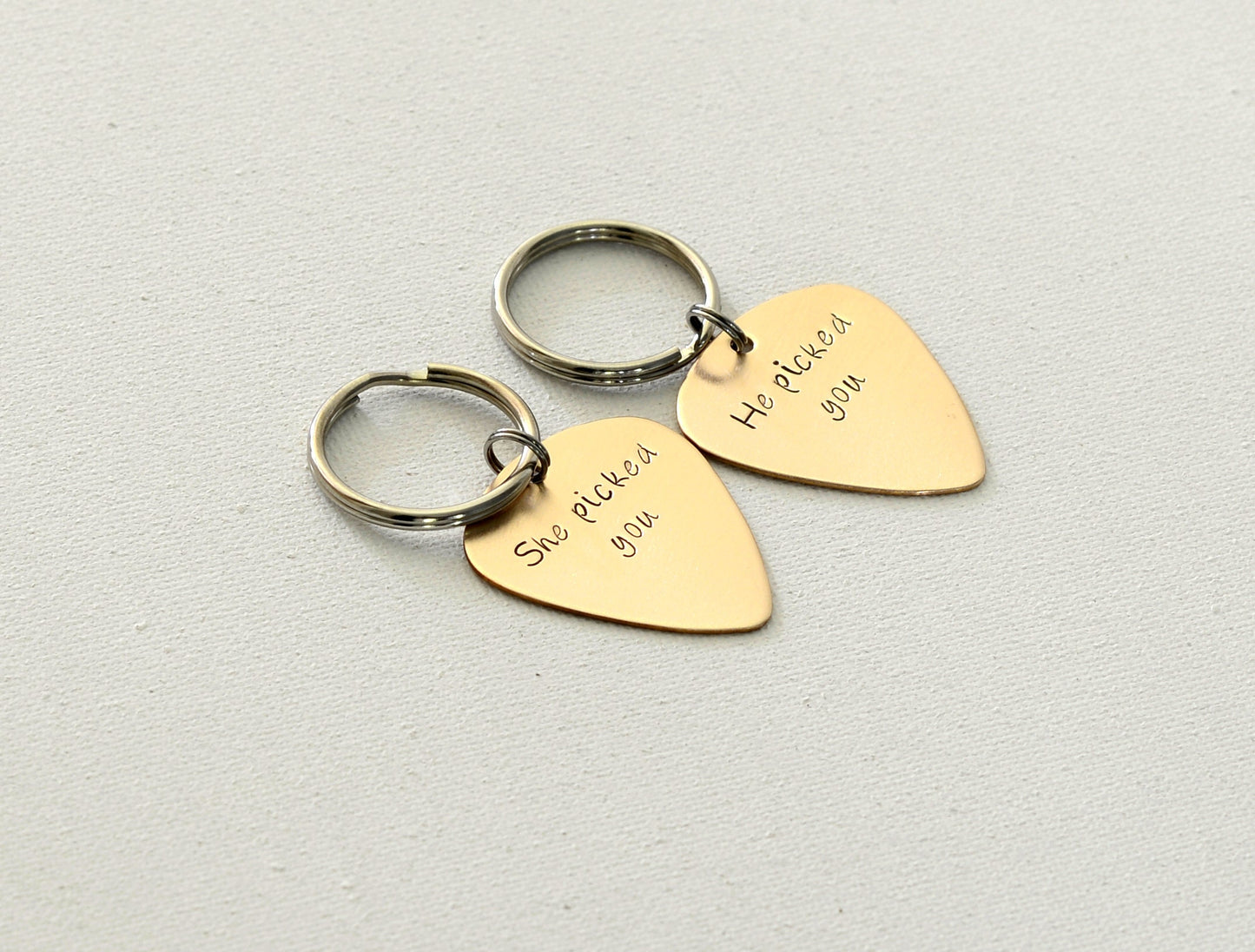 He picked you – She picked you - Couples Guitar Pick Keychain Set