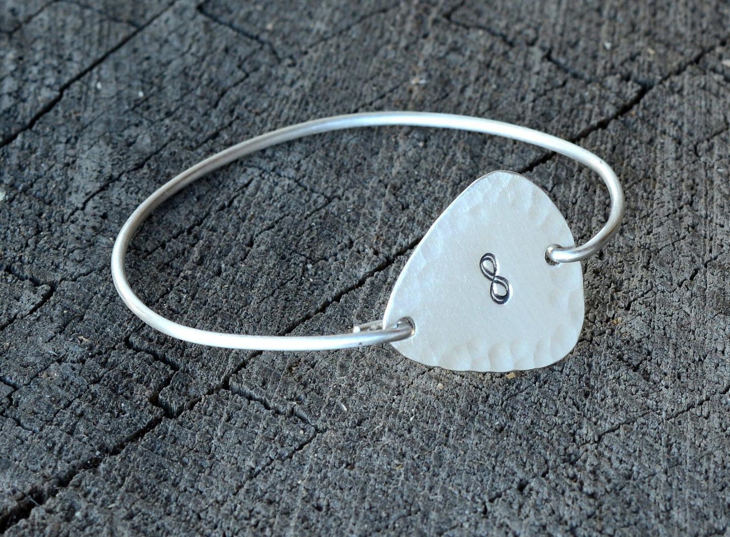 Tension Style Bangle with Hammered Infinity on Sterling Silver Guitar Pick