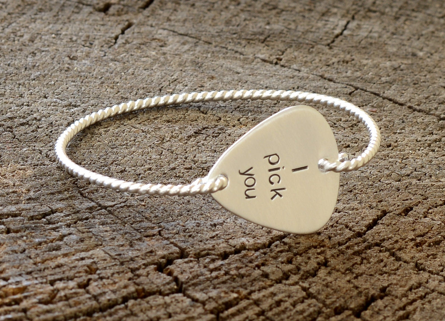 Sterling silver I Pick You Guitar Pick set in a tension style bangle