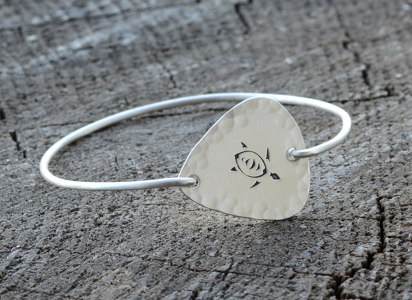Hammered Sterling Silver Guitar Pick with Sea Turtle in a Tension Style Bangle
