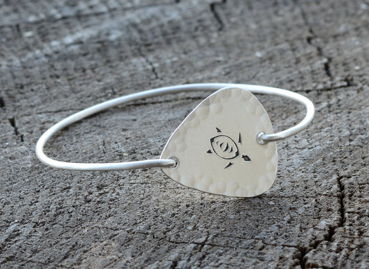 Hammered Sterling Silver Guitar Pick with Sea Turtle in a Tension Style Bangle