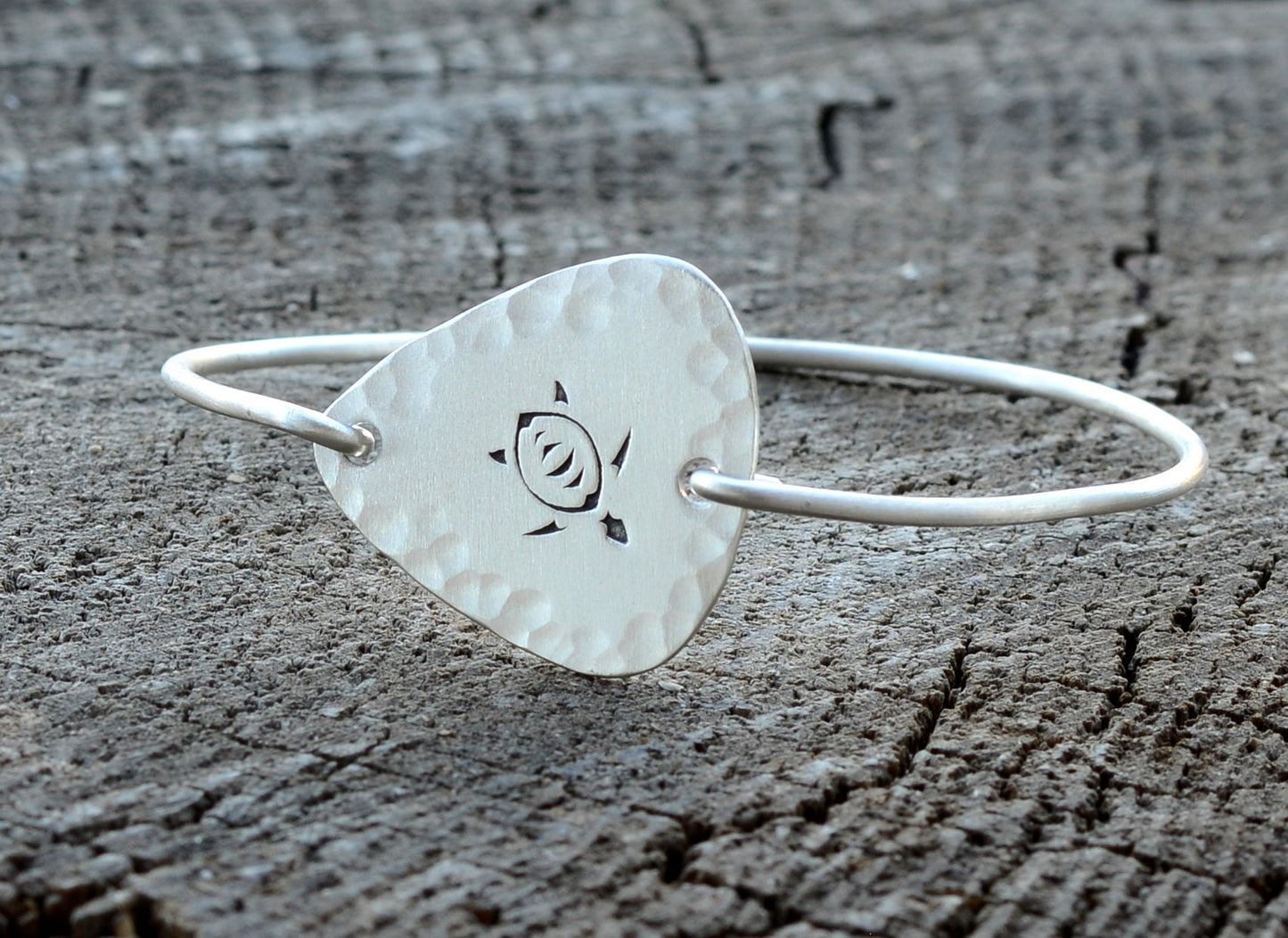 Hammered Sterling Silver Guitar Pick with Sea Turtle in a Tension Style Bangle