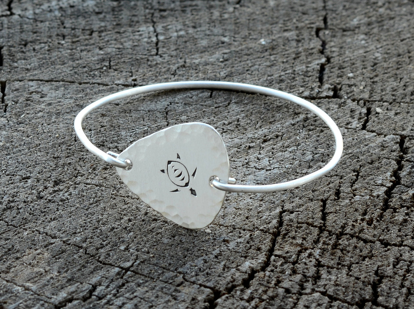 Hammered Sterling Silver Guitar Pick with Sea Turtle in a Tension Style Bangle