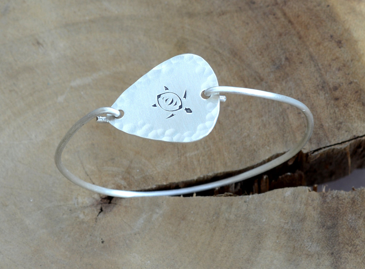 Hammered Sterling Silver Guitar Pick with Sea Turtle in a Tension Style Bangle