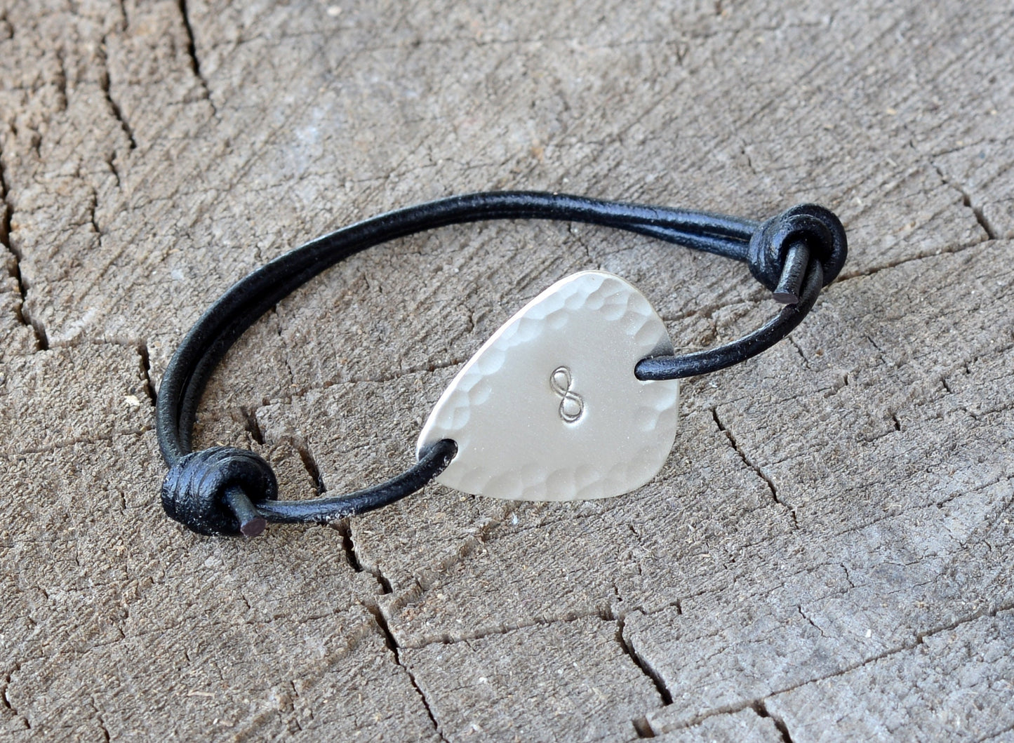 Sterling Silver Guitar Pick Bracelet with Infinity Symbol and Hammered Pattern