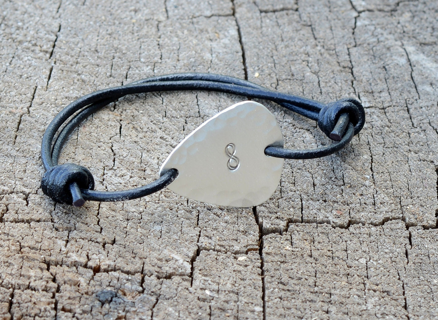 Sterling Silver Guitar Pick Bracelet with Infinity Symbol and Hammered Pattern