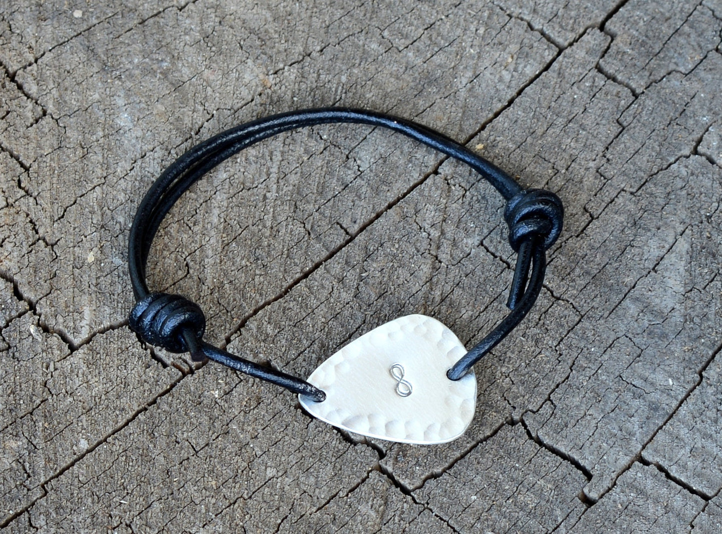 Sterling Silver Guitar Pick Bracelet with Infinity Symbol and Hammered Pattern