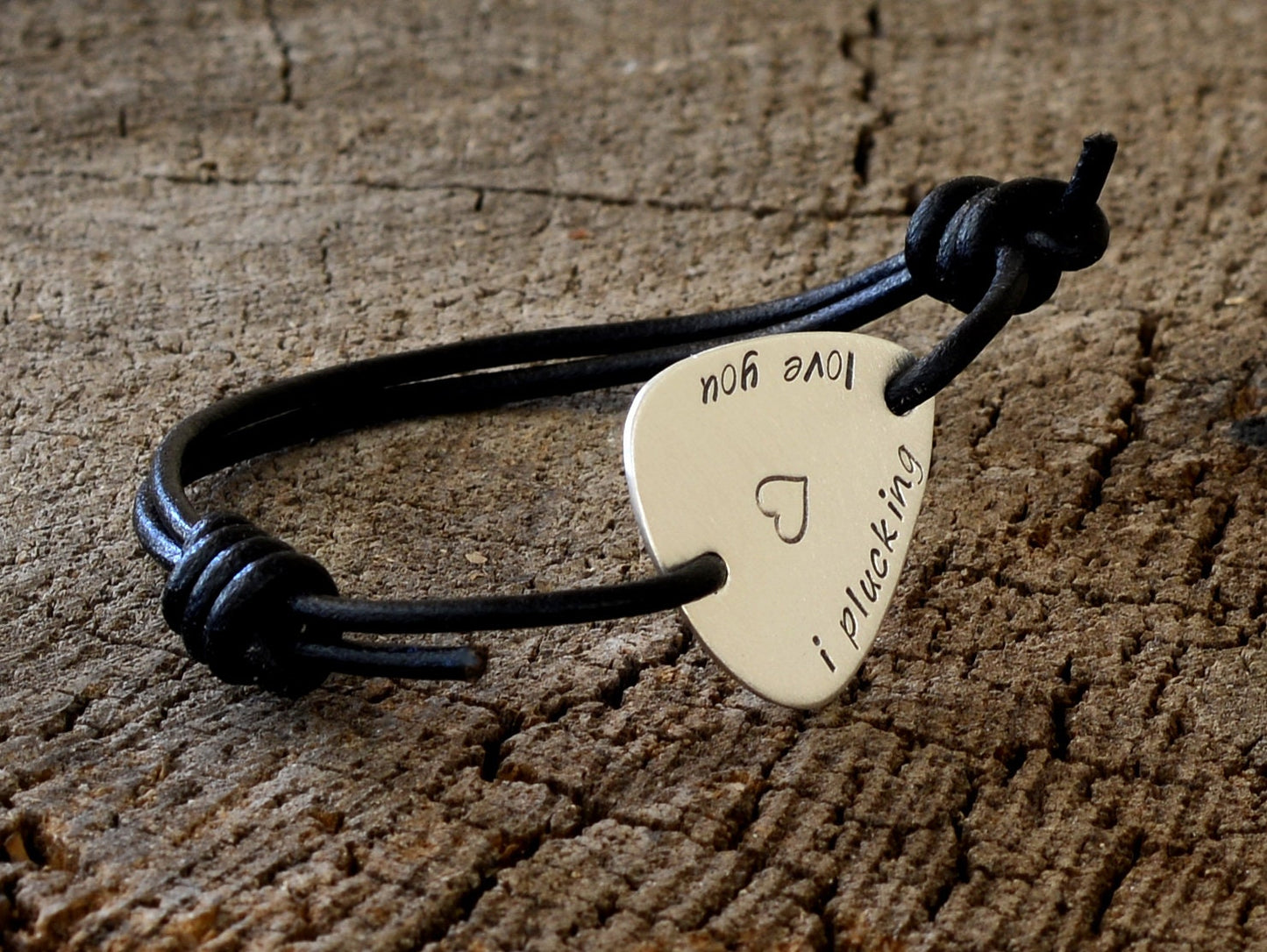 I Plucking Love You on a Sterling Silver Guitar Pick Bracelet with Leather Band