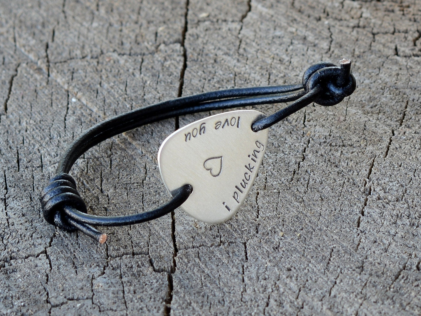 I Plucking Love You on a Sterling Silver Guitar Pick Bracelet with Leather Band