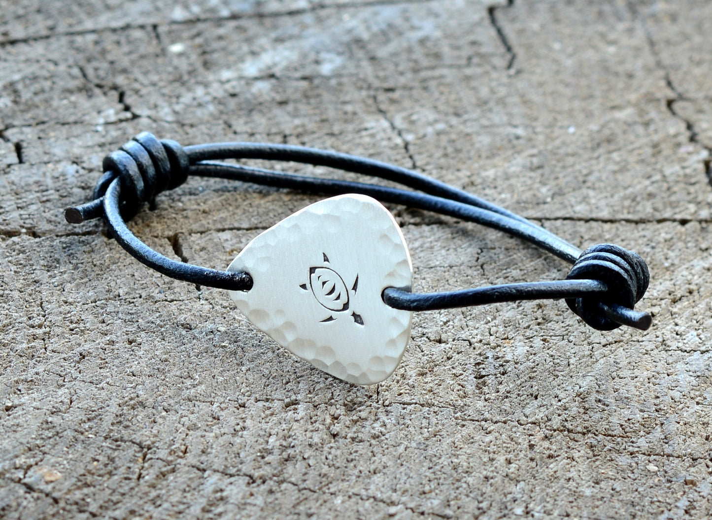Sterling Silver Guitar Pick Bracelet with Sea Turtle and Leather Cord
