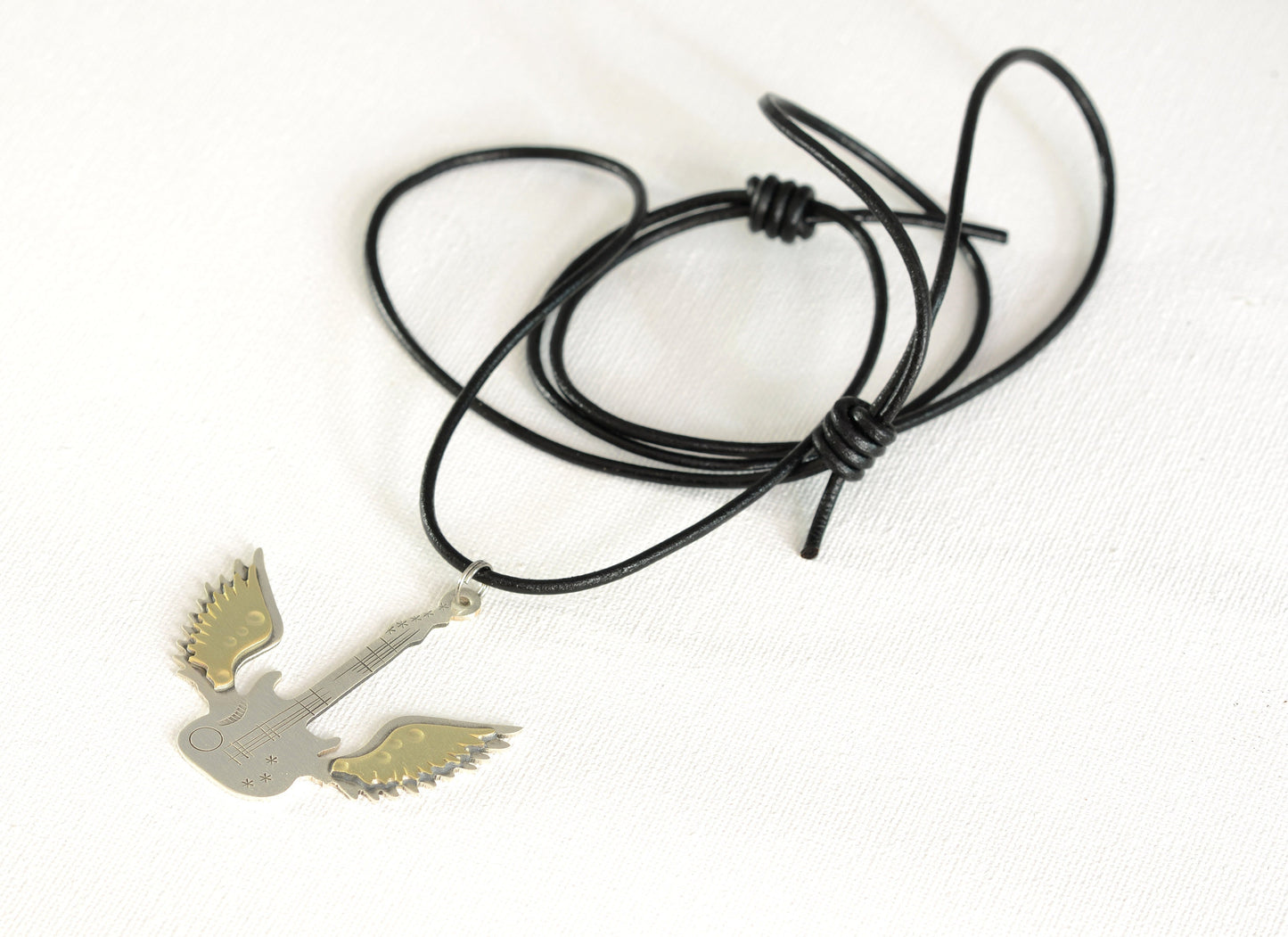 Winged guitar sterling guitar necklace with brass wings