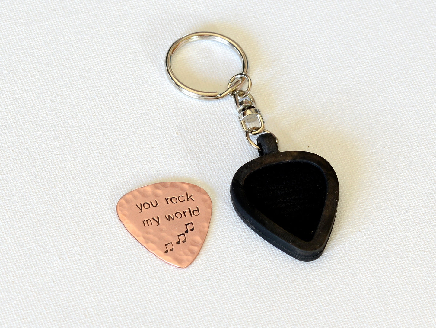 Copper guitar pick keychain with rubber holder