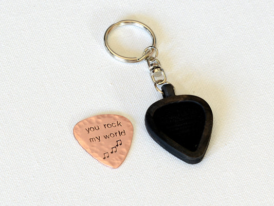 copper guitar pick keychain - guitar pick holder - guitar pick pouch - 7th anniversary gift - christmas gift - playable copper plectrum