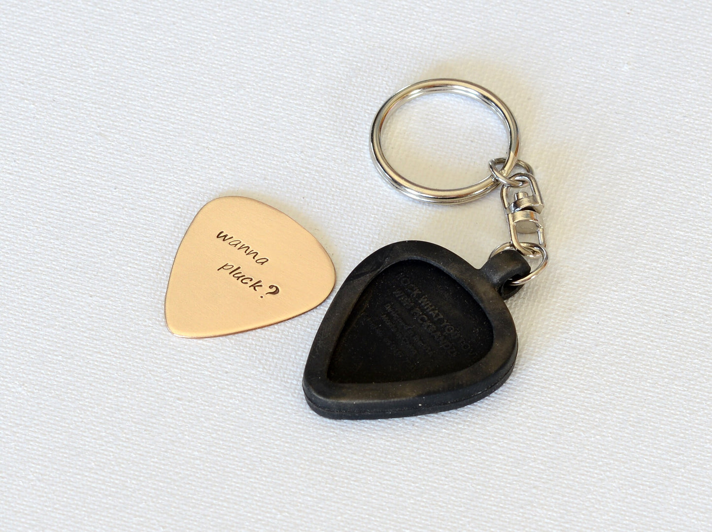 Bronze guitar pick and holder keychain