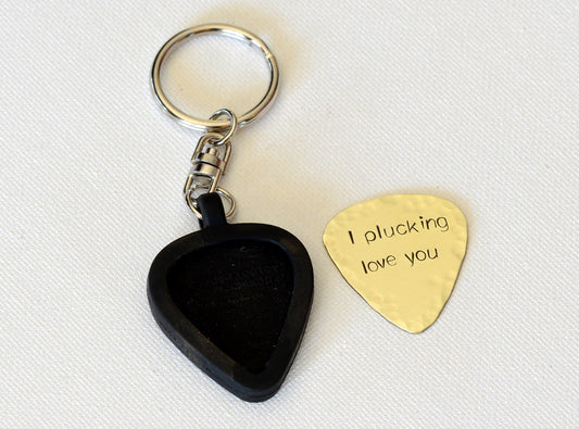 Brass guitar pick keychain with rubber holder