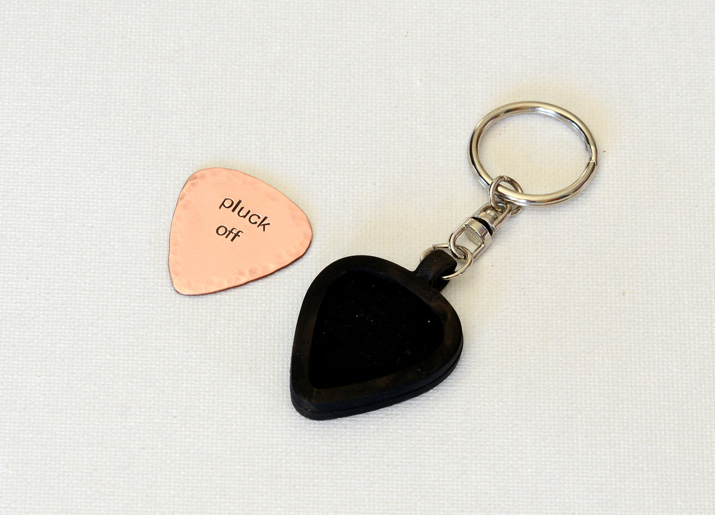 Pluck off copper guitar pick keychain with holder