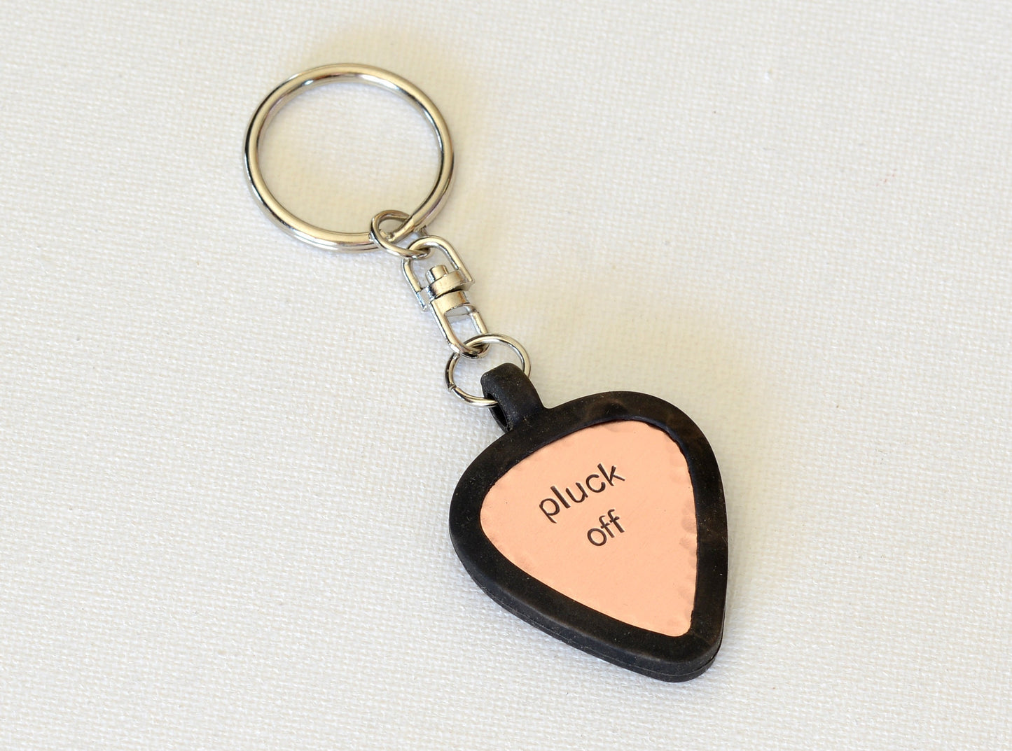 Pluck off copper guitar pick keychain with holder