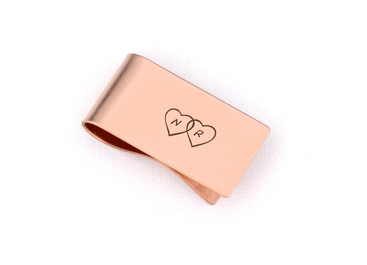 Initials and Double Hearts on a Personalized money clip in your choice of metals