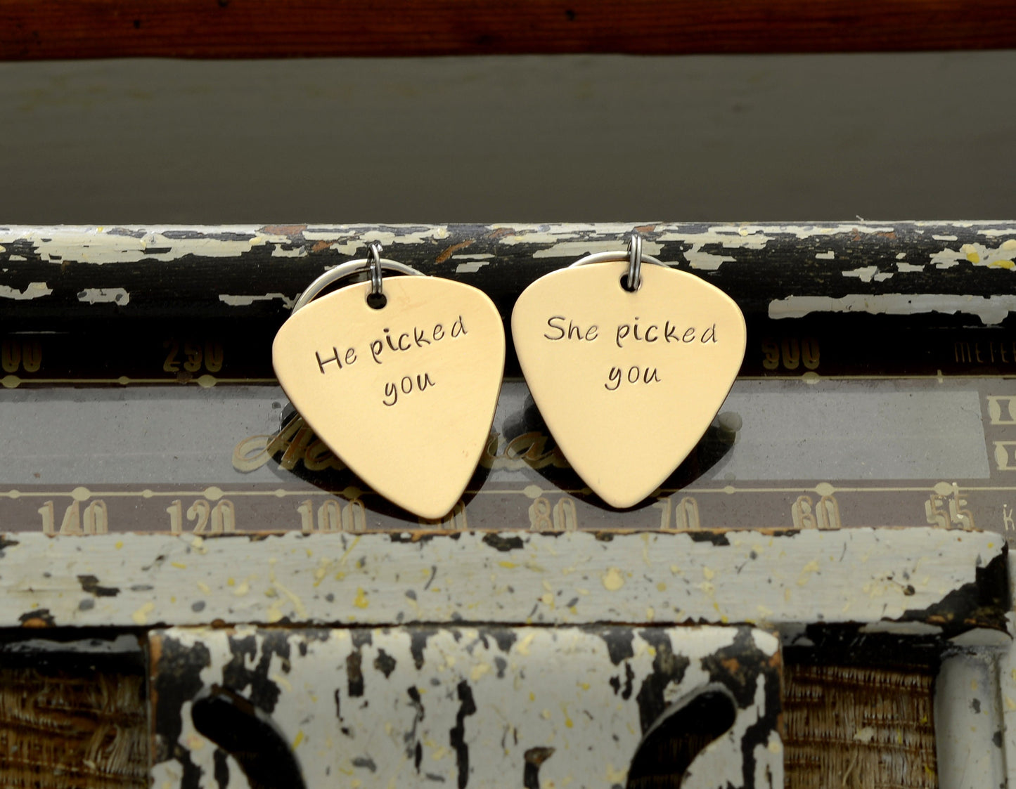 He picked you – She picked you - Couples Guitar Pick Keychain Set