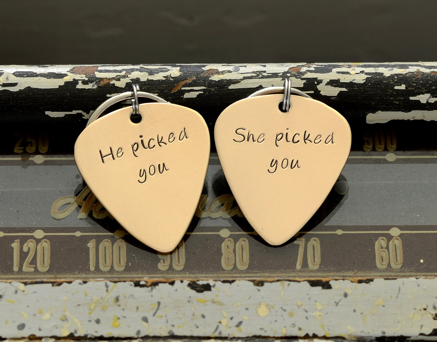 He picked you – She picked you - Couples Guitar Pick Keychain Set