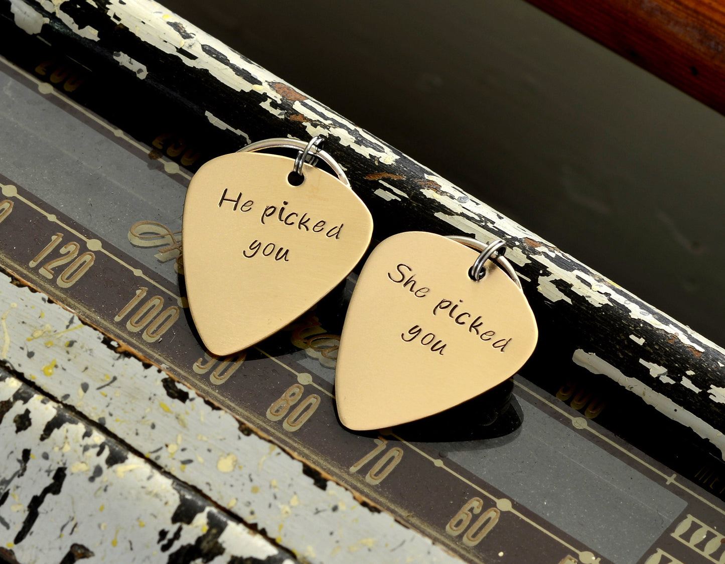 He picked you – She picked you - Couples Guitar Pick Keychain Set