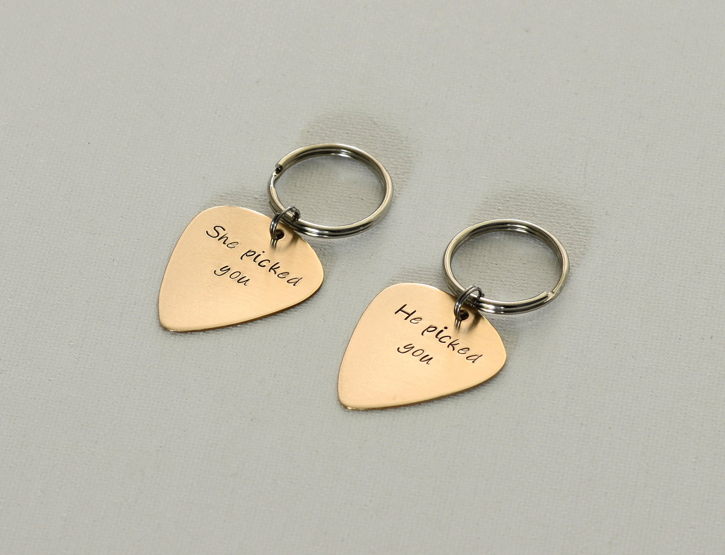 He picked you – She picked you - Couples Guitar Pick Keychain Set