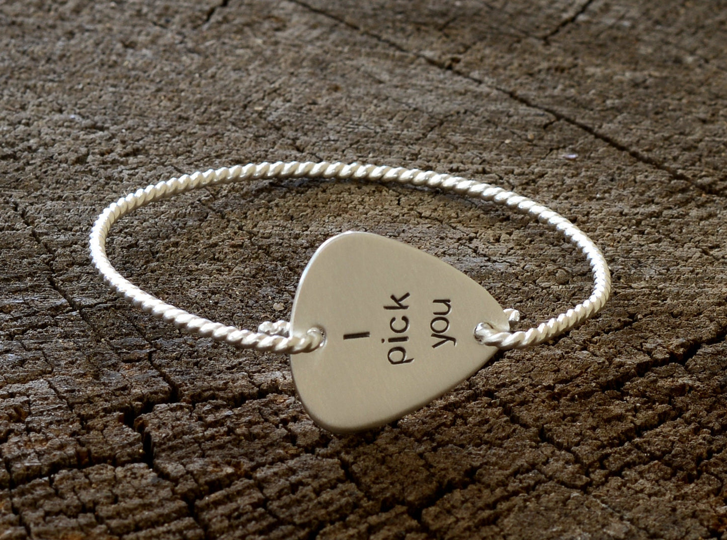 Sterling silver I Pick You Guitar Pick set in a tension style bangle