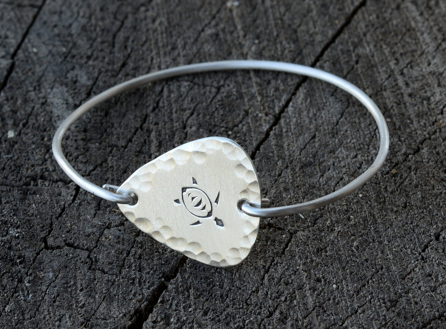 Hammered Sterling Silver Guitar Pick with Sea Turtle in a Tension Style Bangle