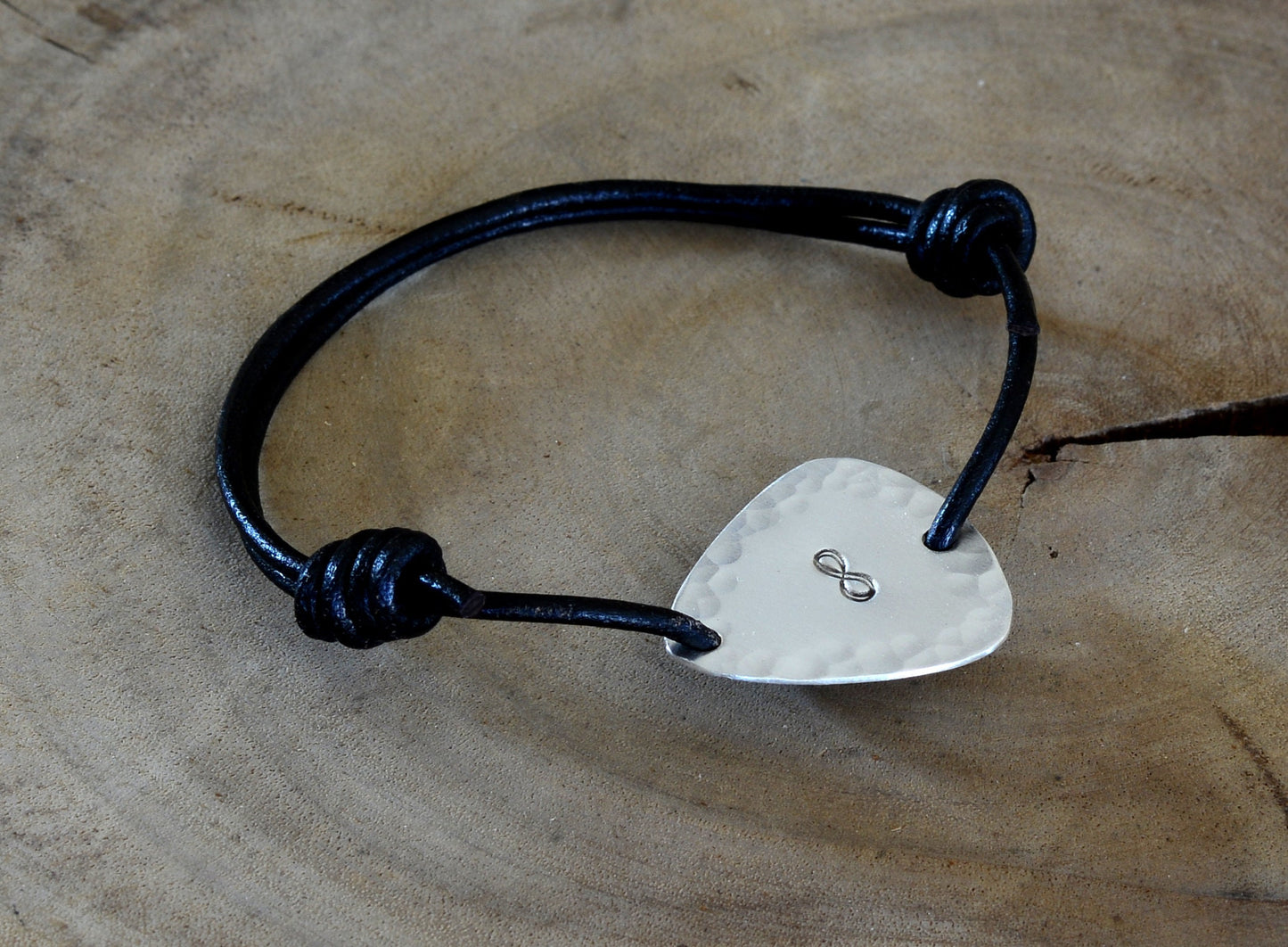 Sterling Silver Guitar Pick Bracelet with Infinity Symbol and Hammered Pattern